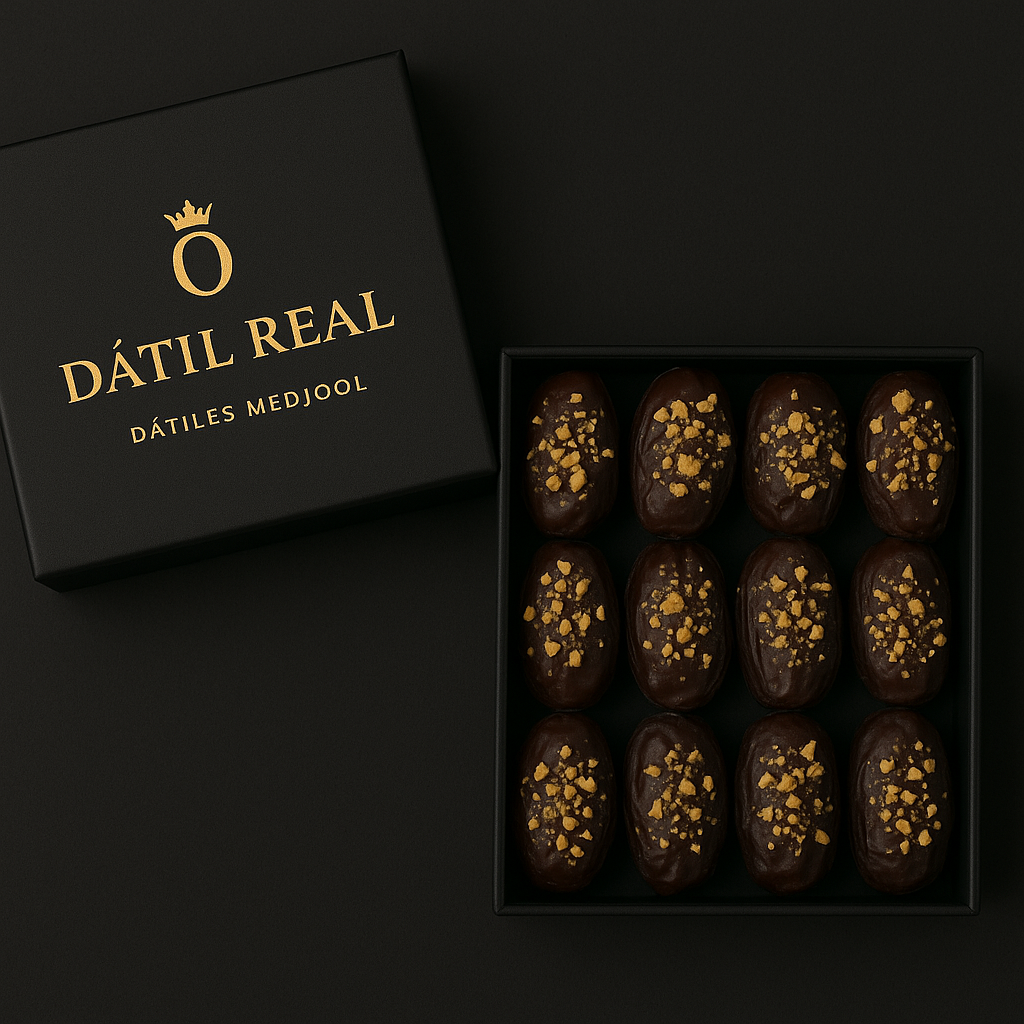 pack 12 Dátiles Gourmet con Chocolate Negro y Virutas de Avellana